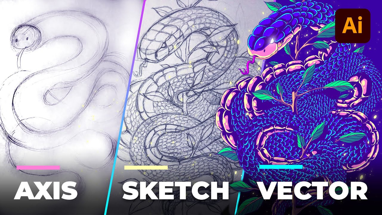 Процесс создания иллюстрации «Блестящая змея» — набросок на бумаге и раскрашивание в Illustrator