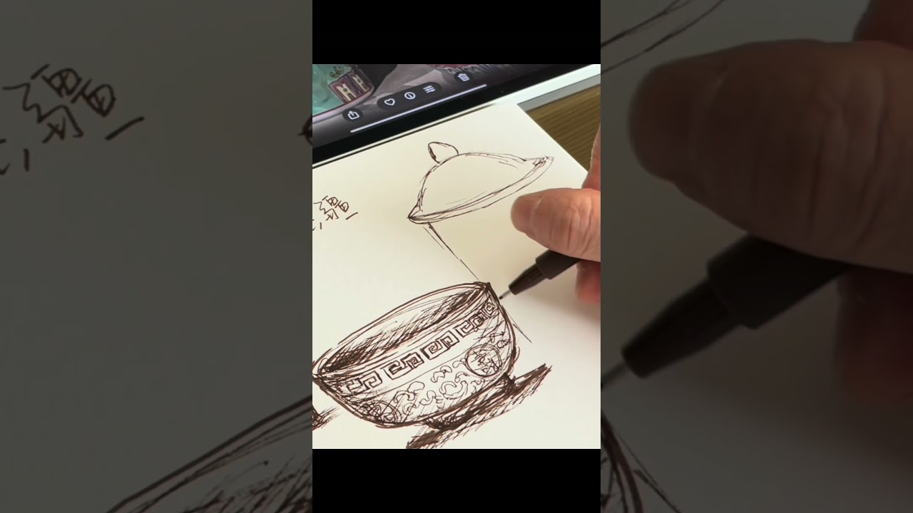 Hand-sketching cute traditional teaware and bowl 