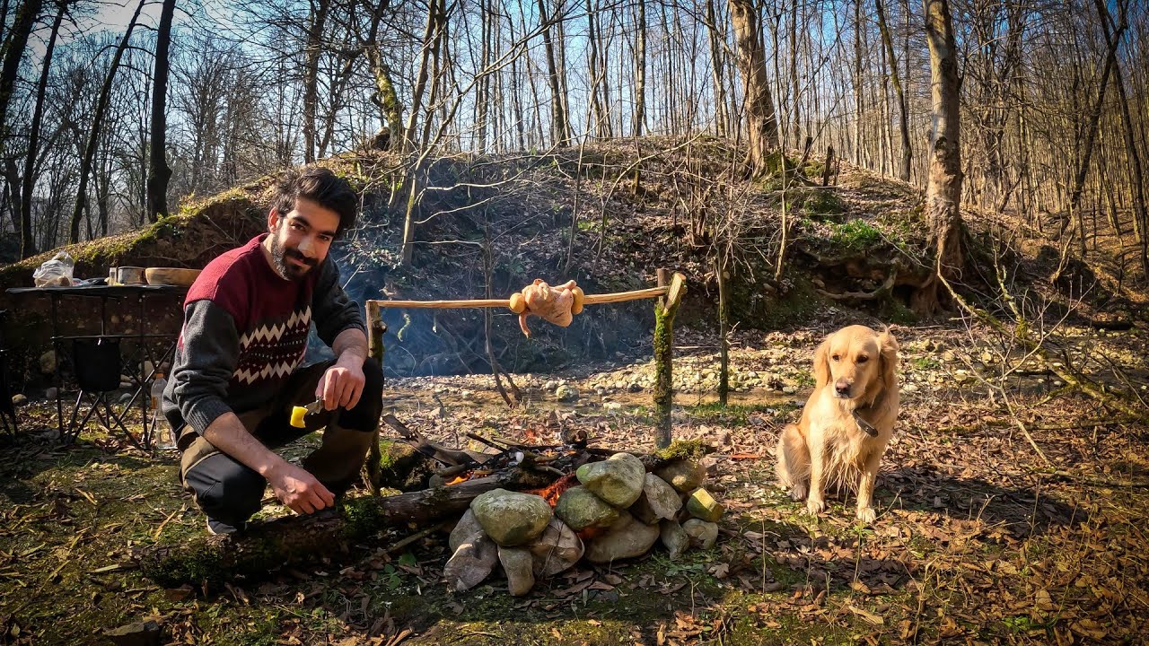 آشپزی بوشکرفت / کمپ با چادر سرخپوستی و بخاری هیزمی / یه شب ریلکس کنار آتیش