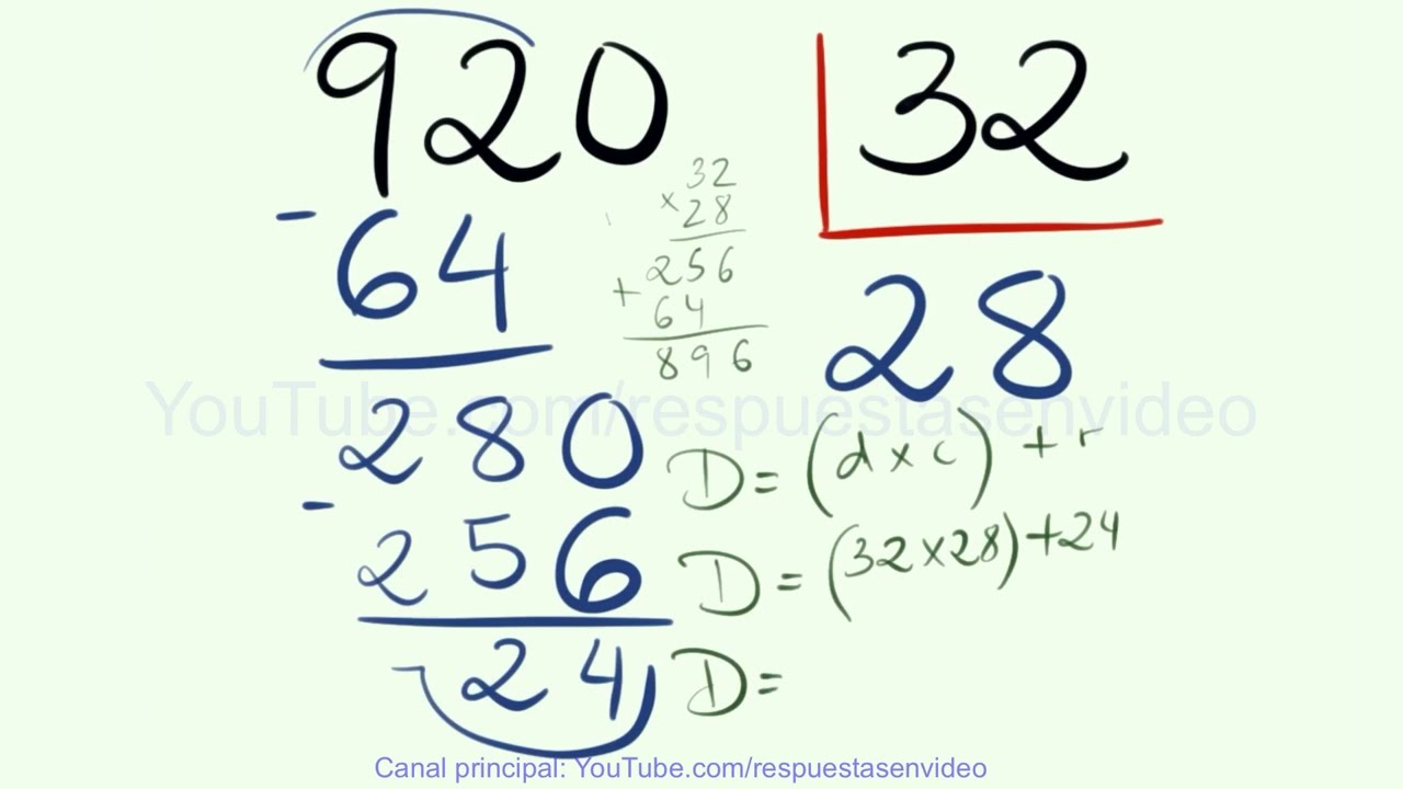 Aprende a dividir por dos cifras con resta y comprobación ejemplo 920 entre 32