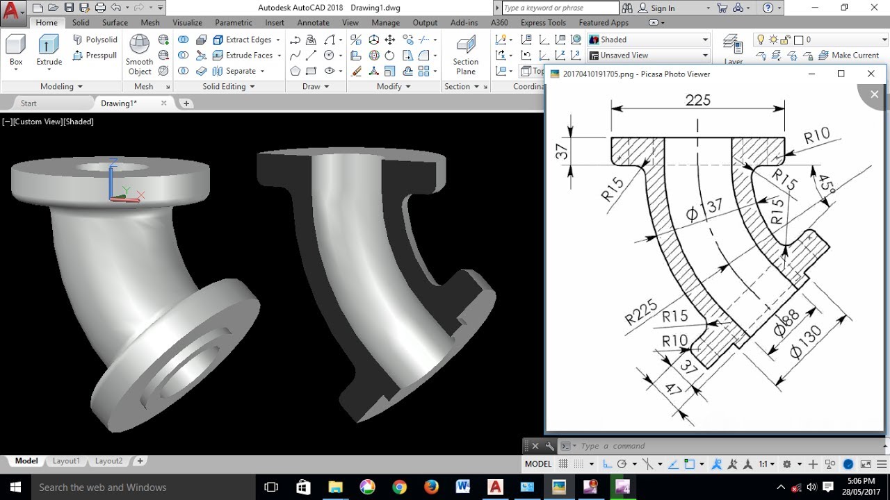 AutoCAD 3D Exercises Tutorials / Basics  Advance/ Pipe Bend 45° / Mechanical Part Model 1 