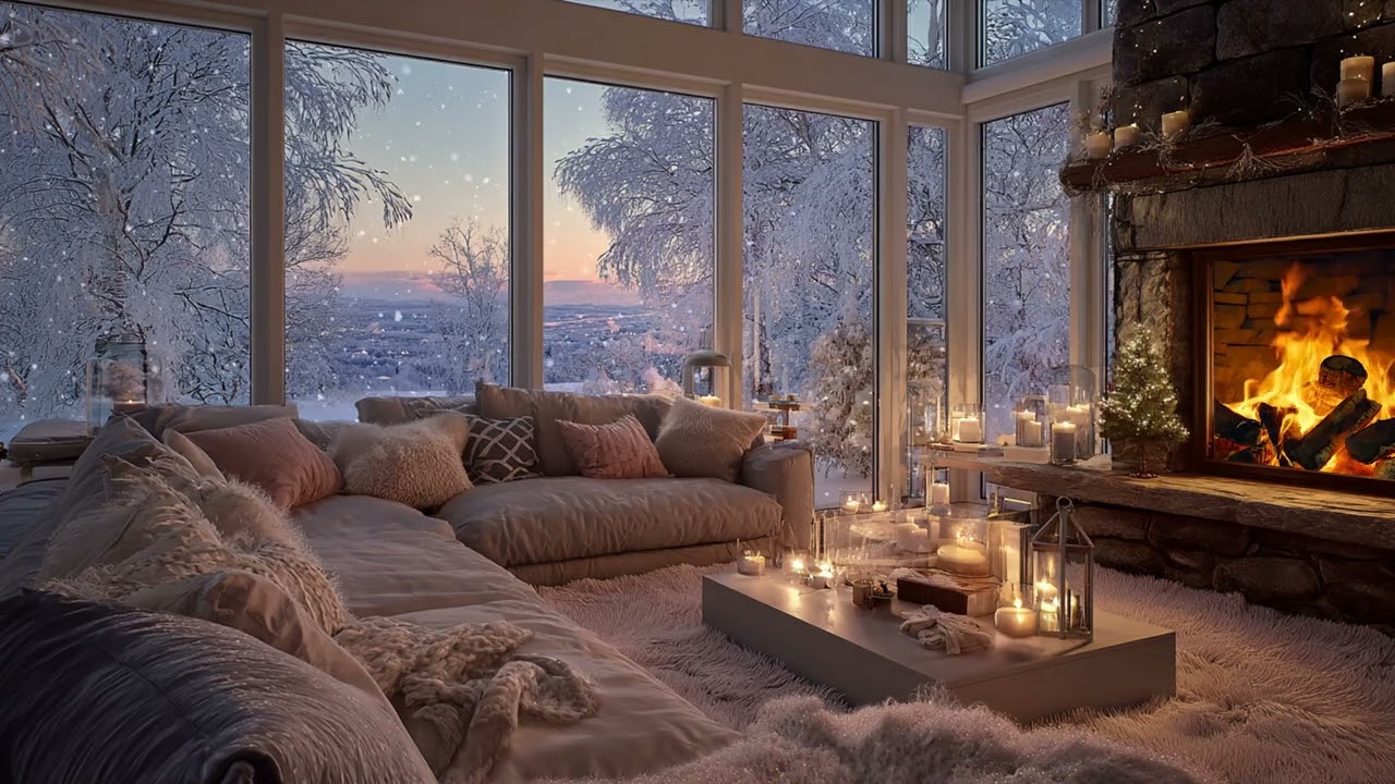 Snow threads through bare branches 🕯️ as a single porch light keeps watch in winter dark up