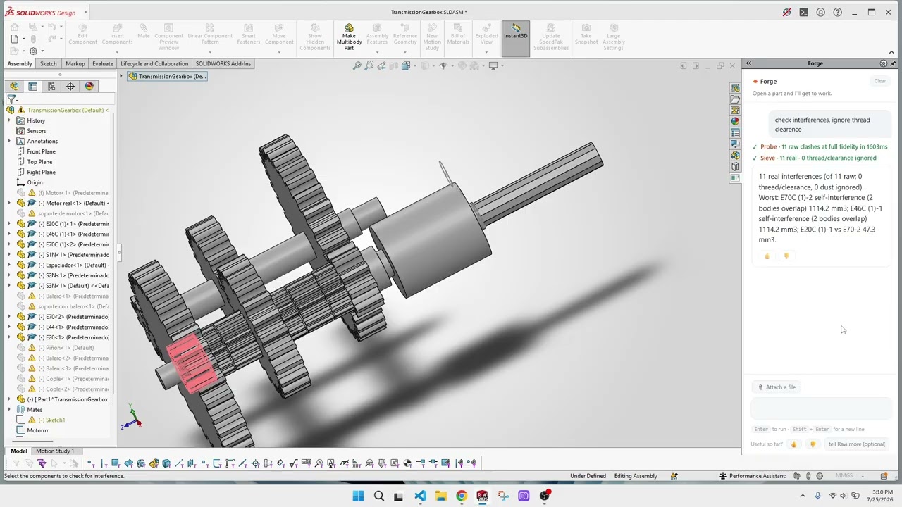 Forge running an interference check on a SolidWorks assembly