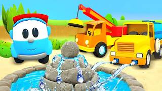 leo truck cars along crane water truck are installing fountain