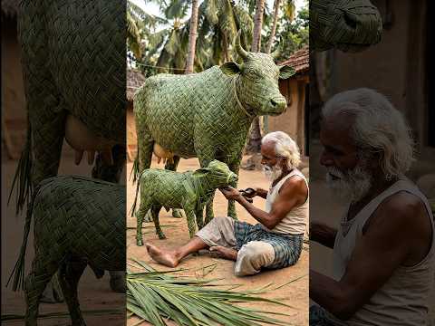 Cow and calf made from palm leaves | mini woods toys | hand crafts | woods crafting #ai #cow #craft