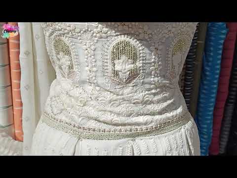 White Color Embroidery & Sequence Work on Viscose Georgette Dress Material Fabric/ Draping Video