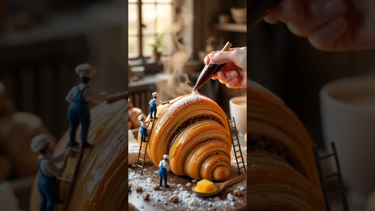 "Tiny Bakers vs. Giant Croissant! 🥐🔥 Miniature Baking Magic!" 