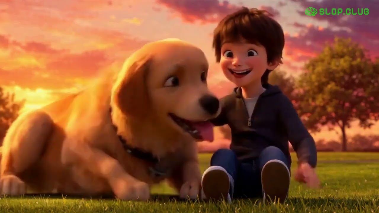 Disney 3D cartoon style boy and dog running and playing in a village field
