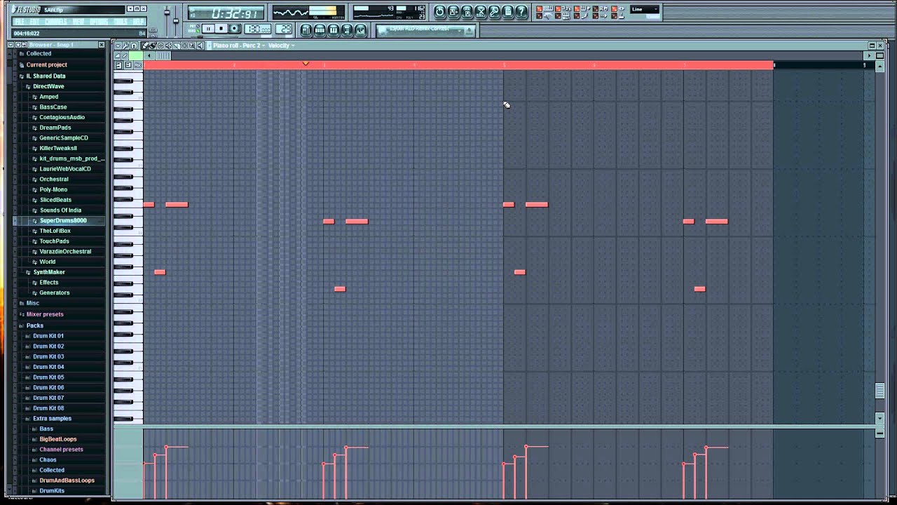 Saw Theme Fruity Loops 9 en 130 BPM Bass Drum Noise Piano Flanged