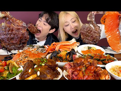 군침 미치는🤤 <strong>스테이크</strong>🥩통으로 뜯고 크랩, 폭립,연어, <strong>와인</strong> 맥주 무제한에 고삐풀린 먹방!! Vips mukbang! eating show!