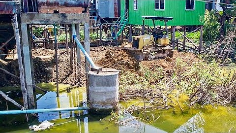 INcredible Working Project Landfill Flooded area!! Bulldozer D20P push with 5T Trucks Unloading Soil