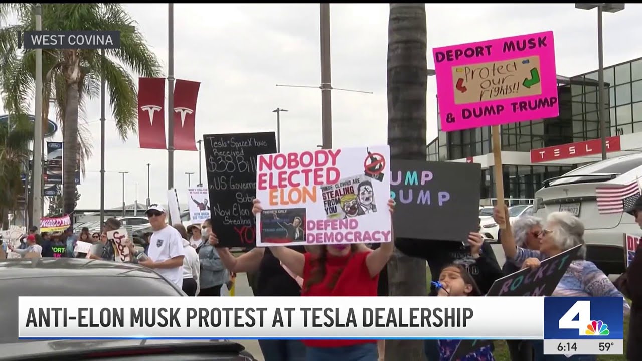 Anti-Elon Musk protest at Tesla dealership in West Covina - YouTube