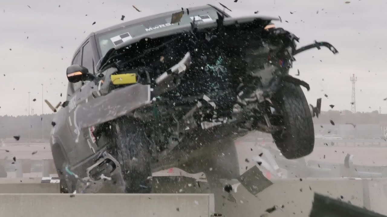 Steel Barrier Test of the 7,000-pound Rivian R1T. Railings Cannot Withstand Heavy Electric Vehicles.