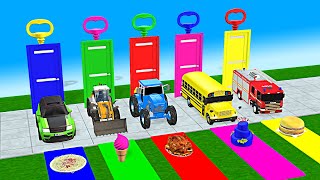 JCB Car Tractor Fire Truck School Bus Guess The Right Door Key With JCB Rainbow Food Challenge Game