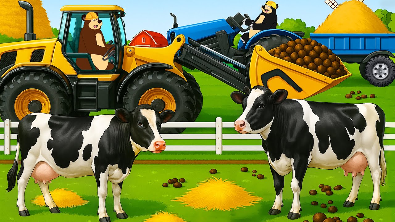 Cleaning Dairy Cow Barn At Farm 🐄🧹 | Tractor, Bulldozer & Bear Team Up | Realistic Farm Animation