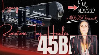 STUNNING 14' GARAGE, KING BED SLIDE OUT, & DROP DOWN QUEEN BED!// NEW 2023 RIVERSTONE LEGACY 45 BATH