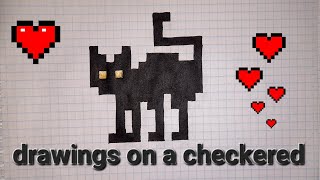 Draw a black cat on a checkered / drawings on a checkered