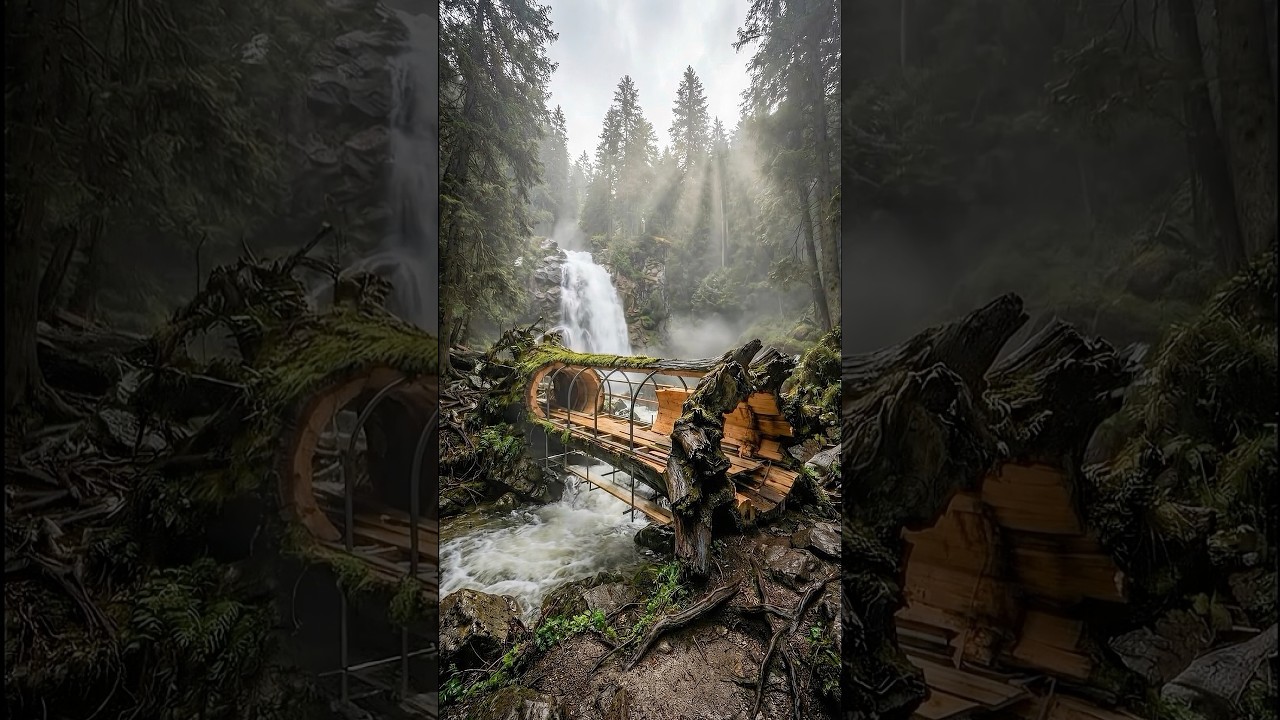 Building a House Inside a Fallen Tree Near a Waterfall (ASMR)