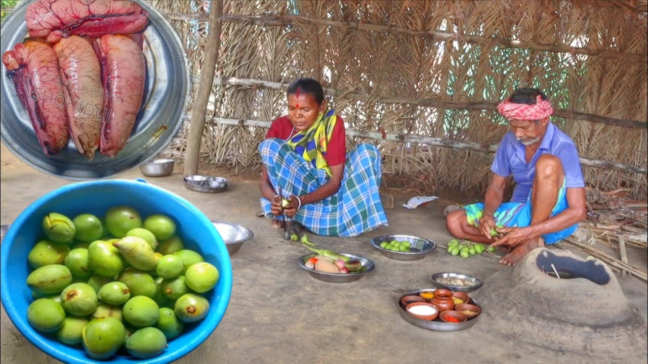 Traditional Cooking and Enjoying Fish Egg Curry and Amra Chutney by an Elderly Santali Couple