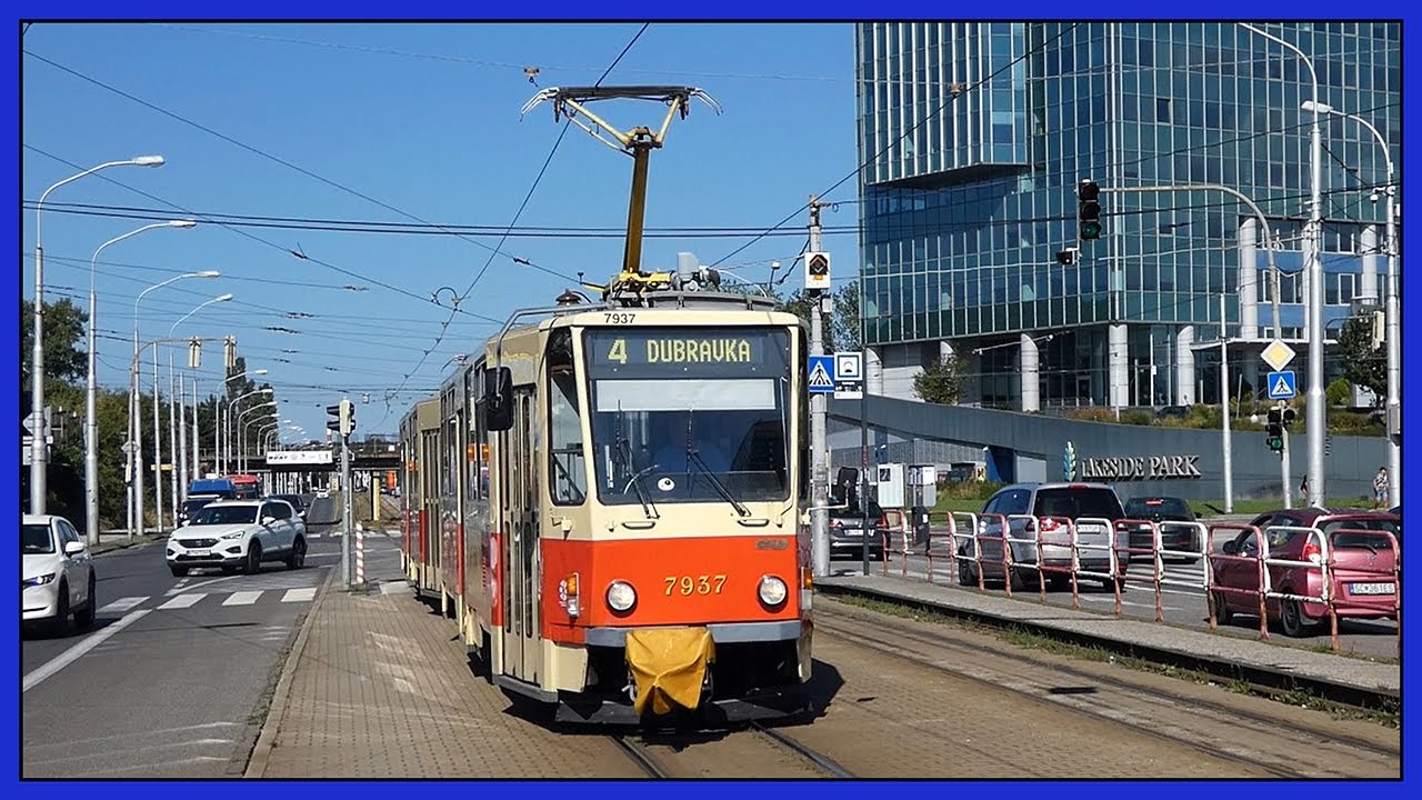 Поездка на трамвае ČKD Tatra T6A5 номер 7937+7938 на линии 4 в Братиславе, Словакия