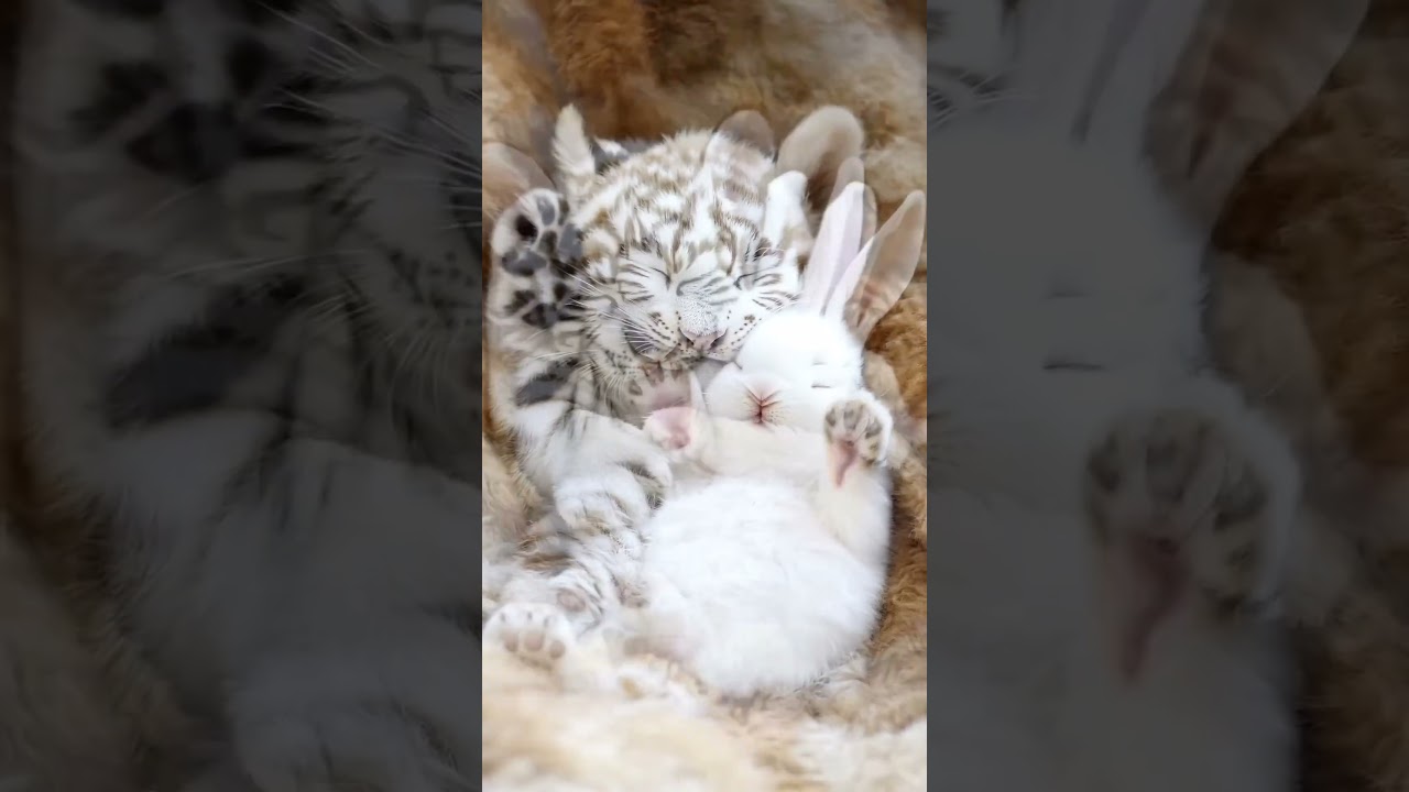 Predator's Tender Side: When Tiger Cub Chooses Cuddle over  Hunting With Bunny Bestie! 🐯❤️🐰