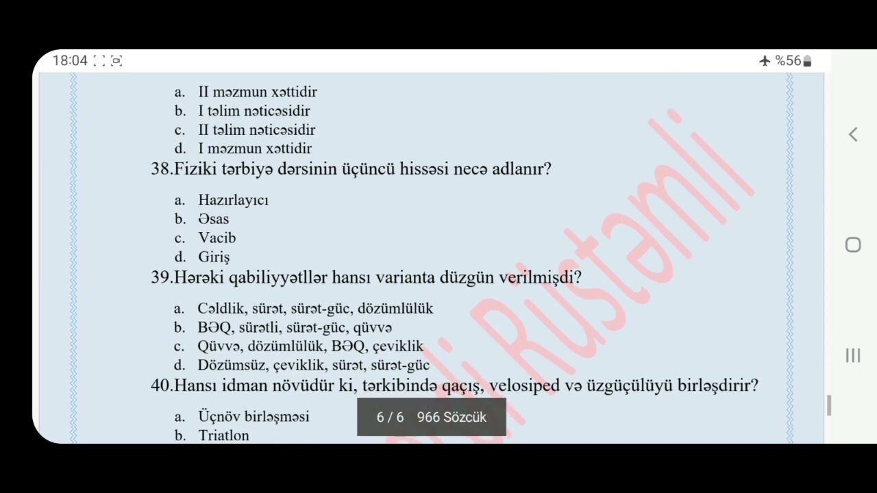fiziki terbiye. Sınaq 1, sual 31-40 .MİQ və Sertifikasiya. ALLAHverdi Rüstəmli (050)-607-14-37