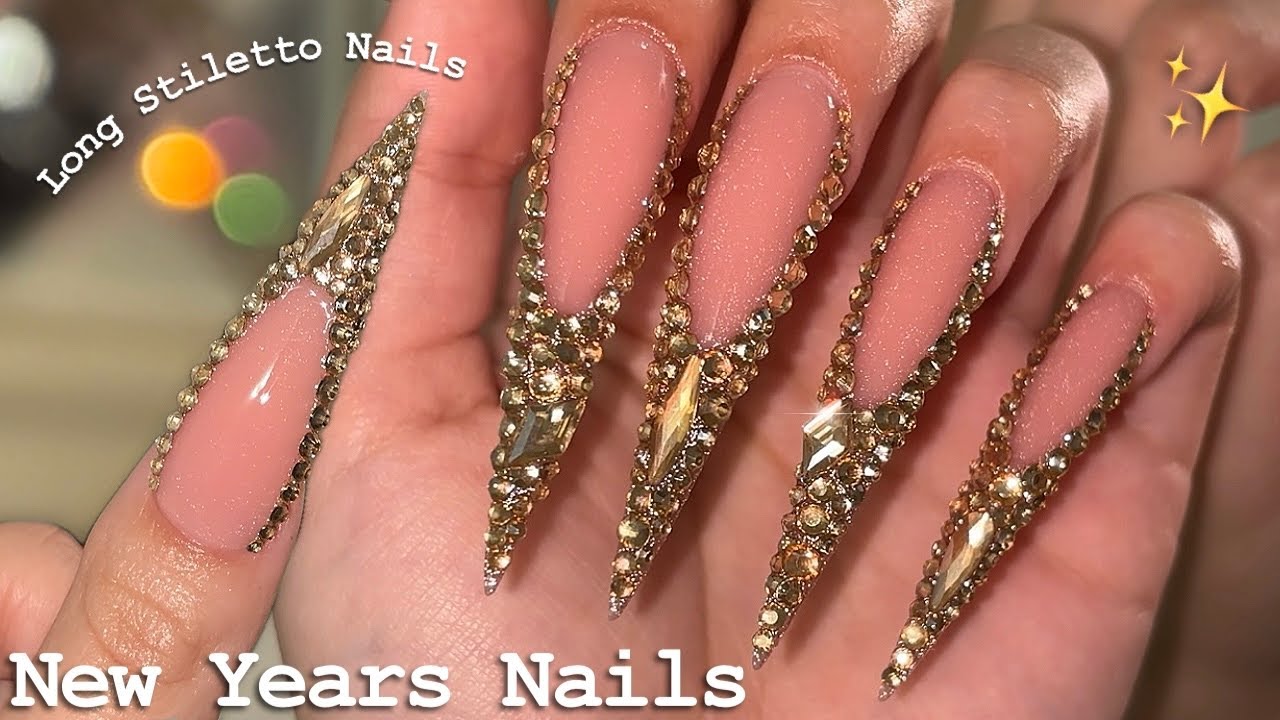 GOLD NEW YEARS NAILS✨ LONG STILETTO POLYGEL NAILS & BLING FRENCH TIP NAIL ART | Nail Tutorial