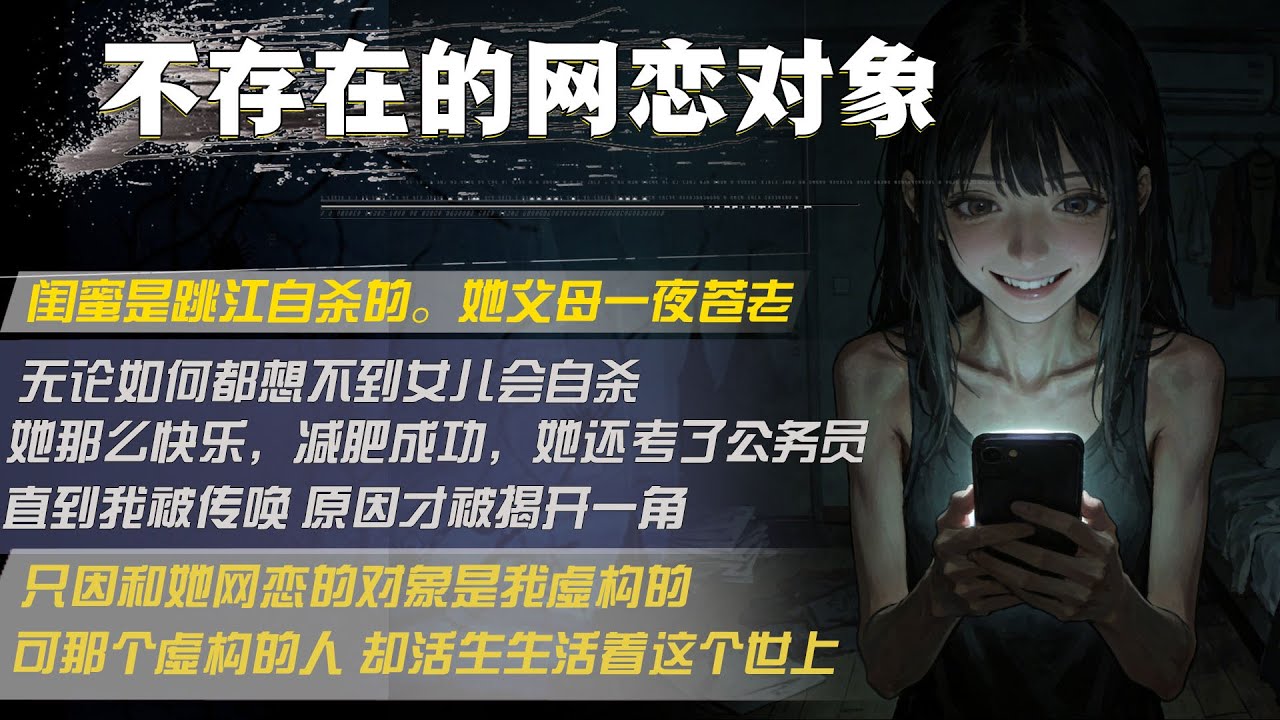 閨蜜是跳江自殺的。她父母一夜蒼老，無論如何都想不到女兒會自殺，她那麼快樂，減肥成功，她還考了公務員，直到我被傳喚 原因才被揭開一角，只因和她網戀的對象是我虛構的，可那個虛構的人 卻活生生活著這個世上
