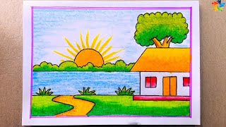 Simple😍😍Village Scenery Drawing🎨Painting Easy😀Voice Tutorial