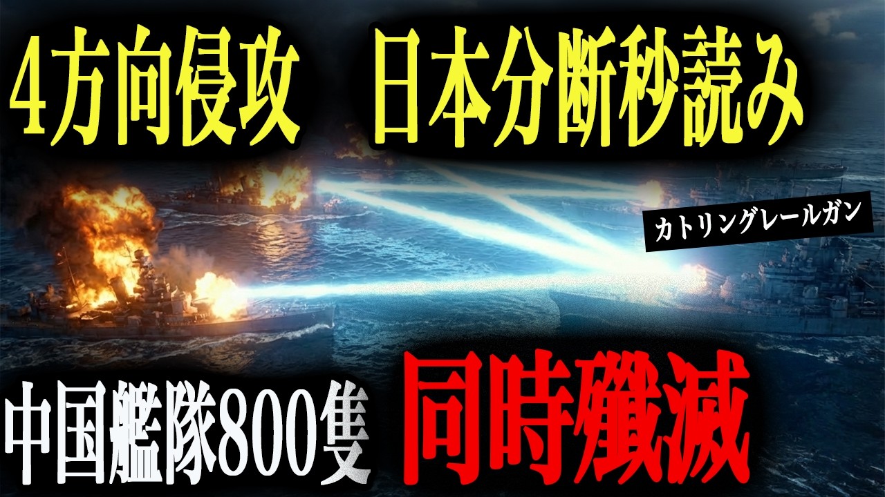 【弾幕地獄】もしも中国艦隊800隻が東西南北同時侵攻してきても、自衛艦隊が全艦ガトリングレールガン搭載していたらどうなるのか？【AIシミュレーション】