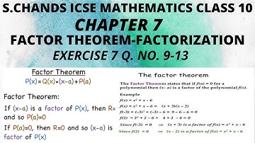 FACTOR THEOREM- FACTORIZATION CLASS 10 ICSE CHAPTER 7 Q. NO. 9-13