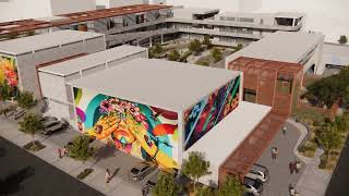 4K Free Stock Footage – Modern Urban Complex with Artistic Murals | No Copyright City B-Roll