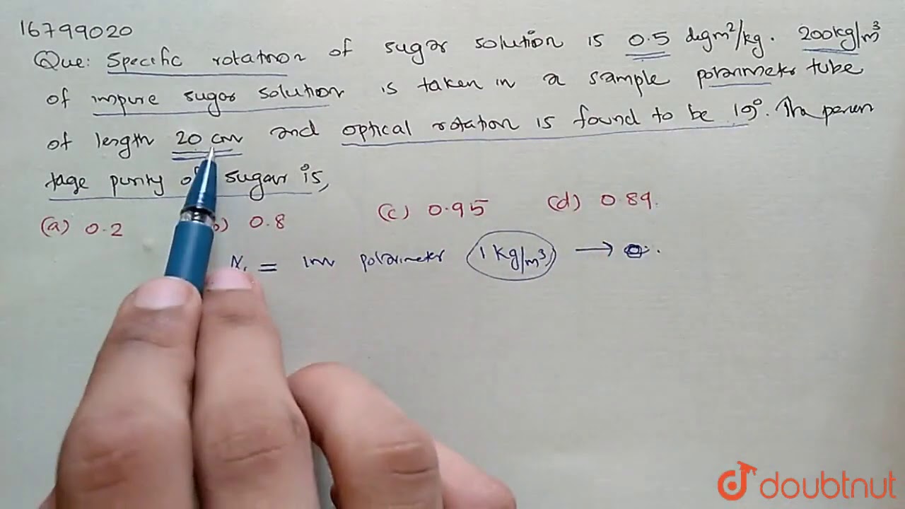Specific rotation of sugar solution is 0.5 deg `m^(2)//kg`. `200kgm^(-3 ...