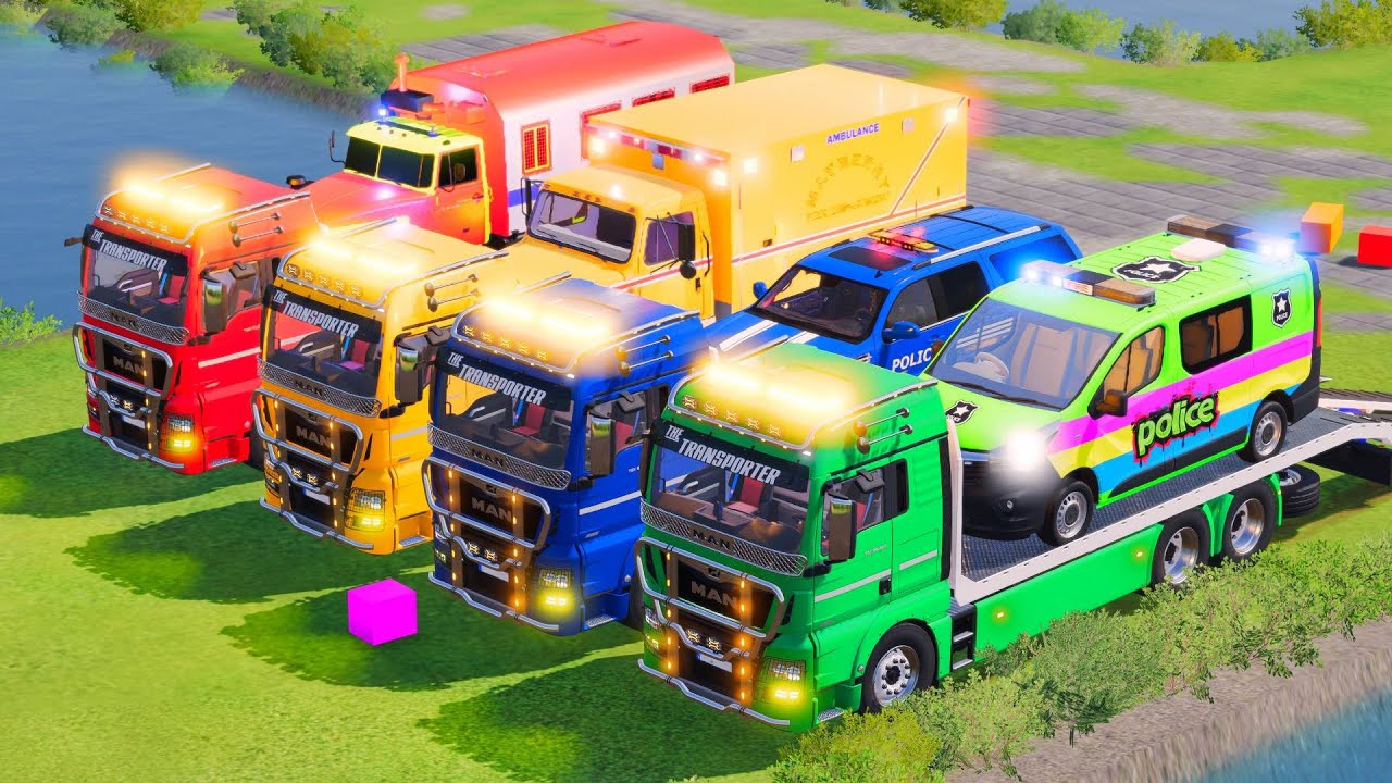 Transporting Double Flatbed Trailer Truck vs Mixer Truck vs Train - Beamng.Drive vs FS22 #83