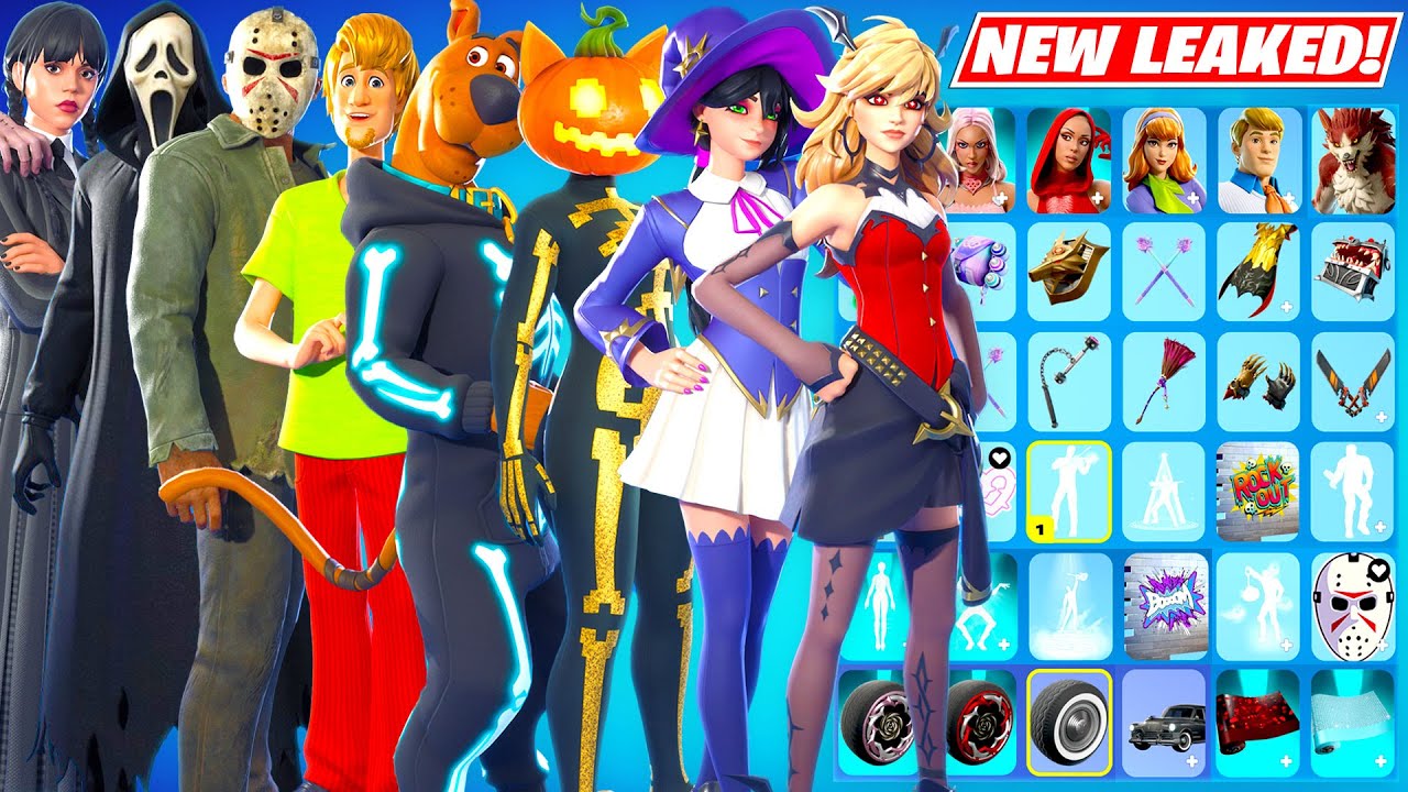 All NEW Fortnitemares LEAKED Skins & Cosmetics (FREE Skin, Ghostface, Scooby-Doo, Jason, Wednesday)