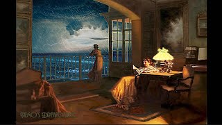 1930&#39;s Terrace by the ocean on a rainy night ( oldies music, ocean waves, distant thunders ) ASMR