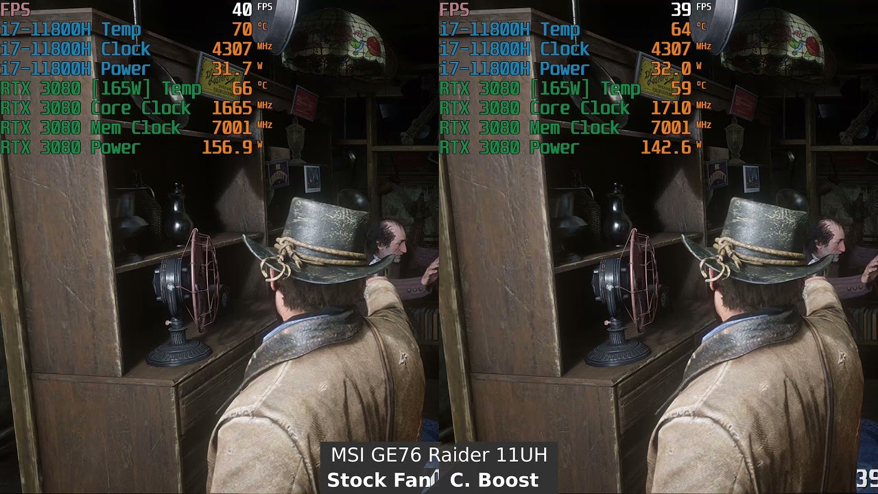 📊 Gaming on Stock Fan VS Cooler Boost - Red Dead Redemption 2 (MSI GE76 Raider 11UH RTX 3080 165W)