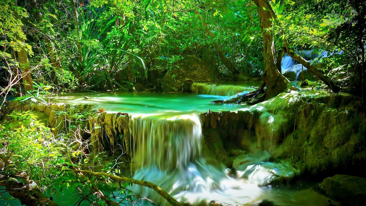 Нежные звуки бирюзового водопада. Красивые пейзажи природы. Белый шум лесного ручья.