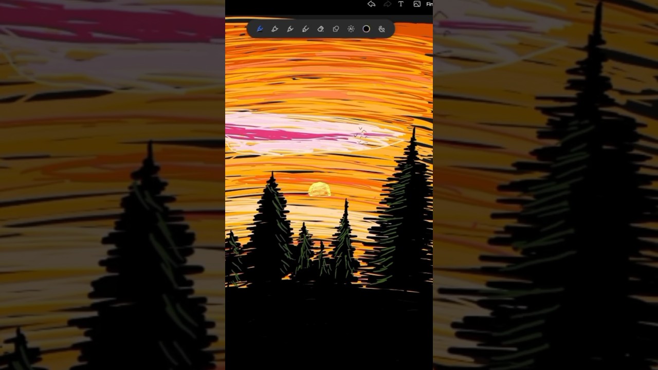 Ember Sky Pines A warm sunset sky fading intodark pine silhouettes tablet painting  tutorial 