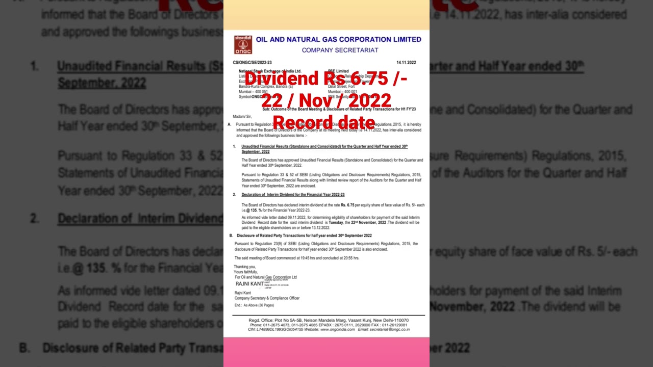 Dividend Rs 6.75 /- | ongc share latest news | dividend update