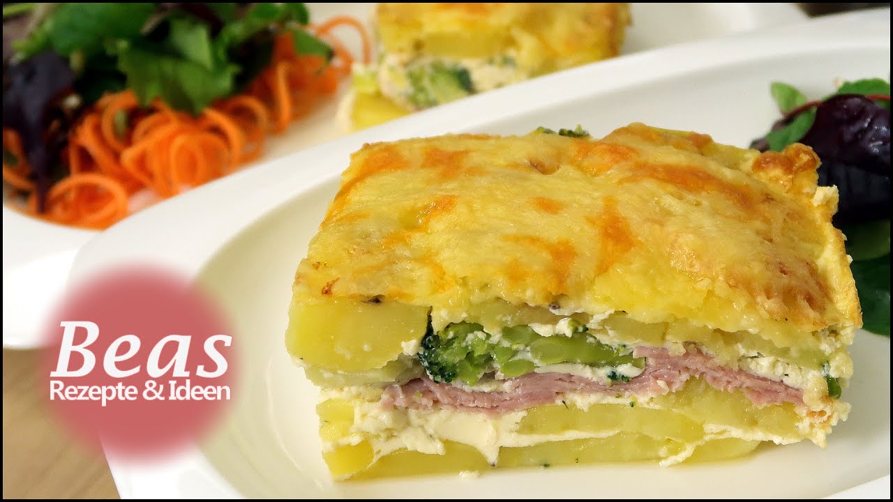 Kartoffelgratin Auflauf - Rezept mit Käse Schinken und Brokkoli - YouTube