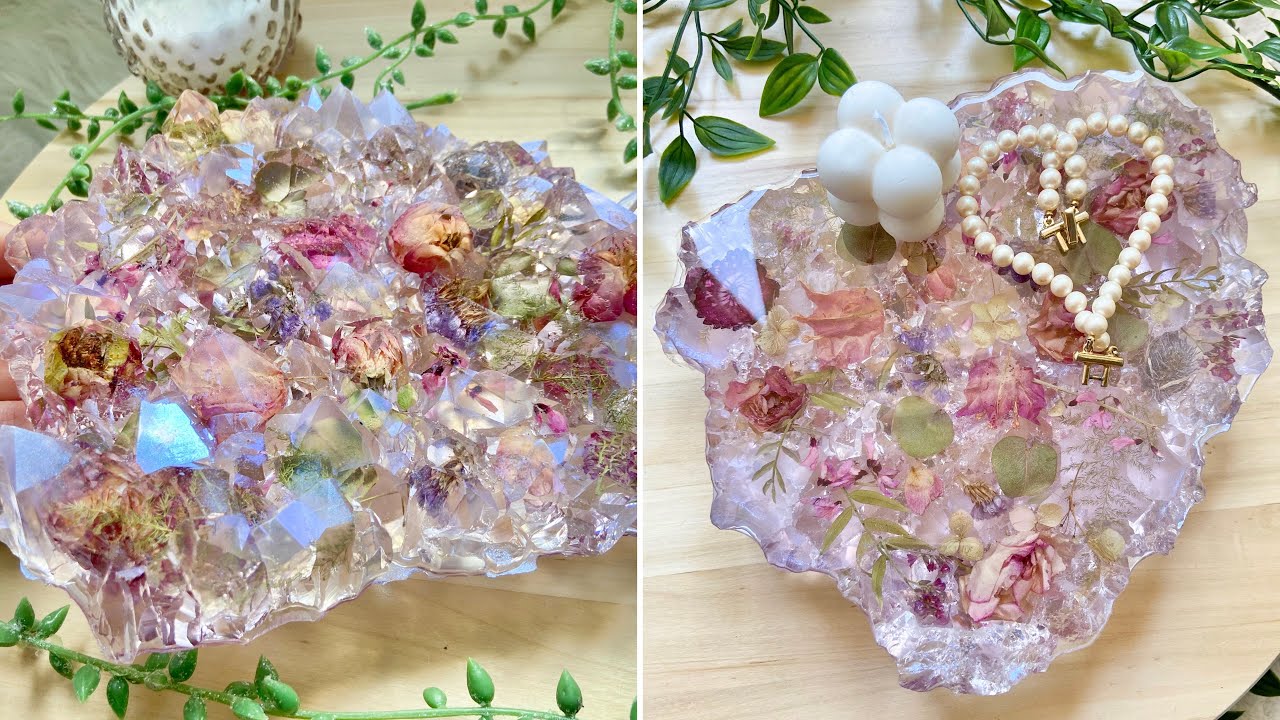 Красивый поднос из хрустальной смолы с цветами.