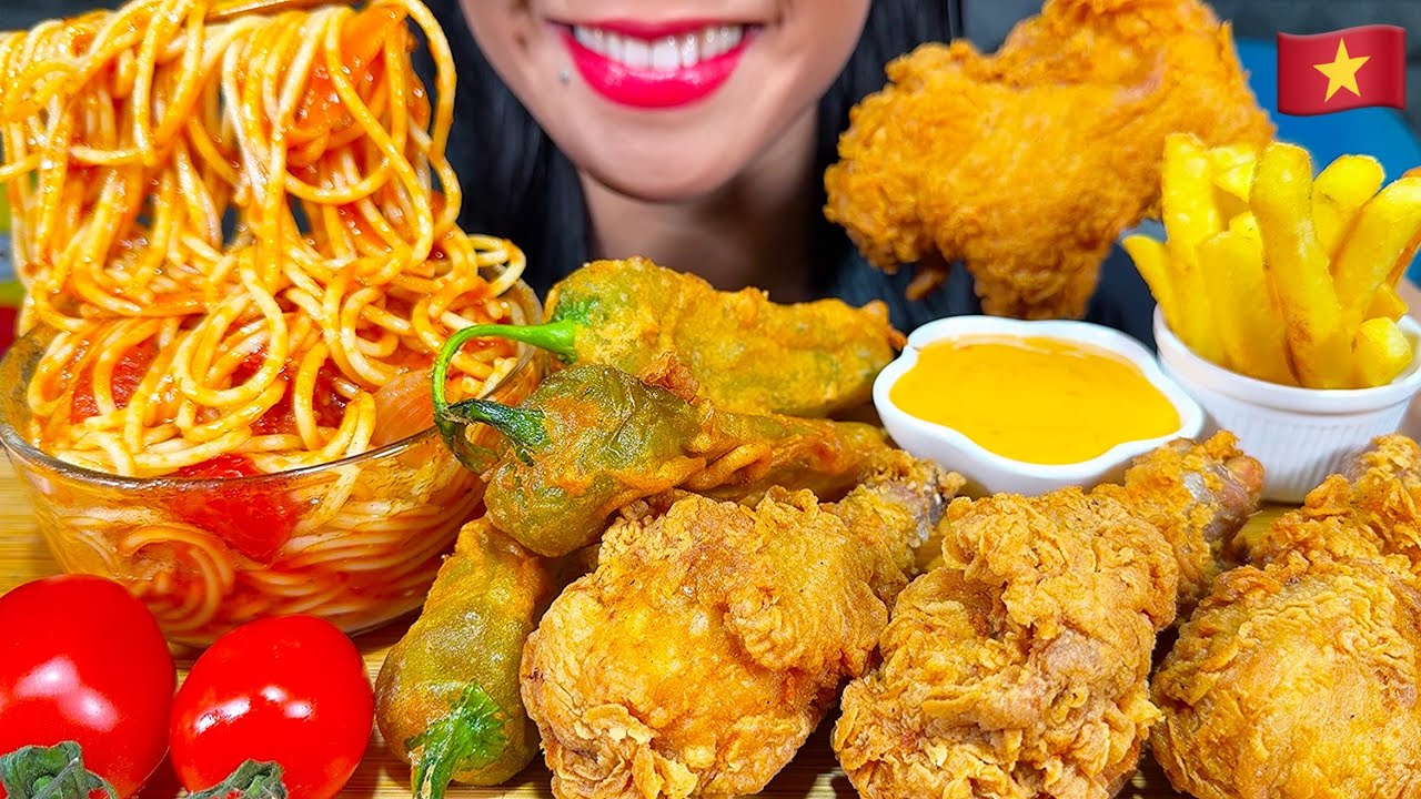ASMR TOMATO SPAGHETTI, FRIED CHILI, FRIED CHICKEN, FRIES MASSIVE Eating Sounds