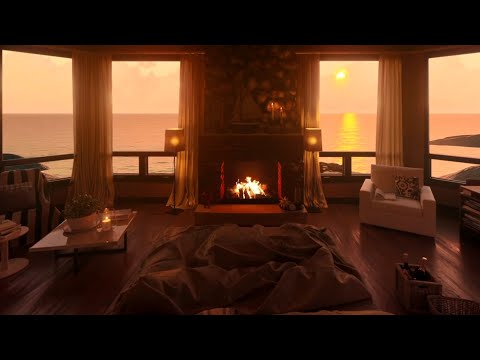 Cozy Beach House Cabin Ambience - 10 Hours Ocean Sound, Sea Waves, Crackling Fireplace Sleep & Relax