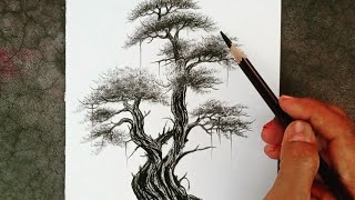 How to draw a Japanese banyan tree in pencil in easy steps? part -1 .
