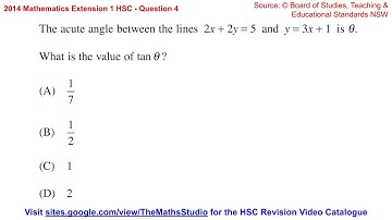 2014 Maths Extension 1 HSC Q4 Find acute angle between lines 2x+2y=5 & y=3x+1