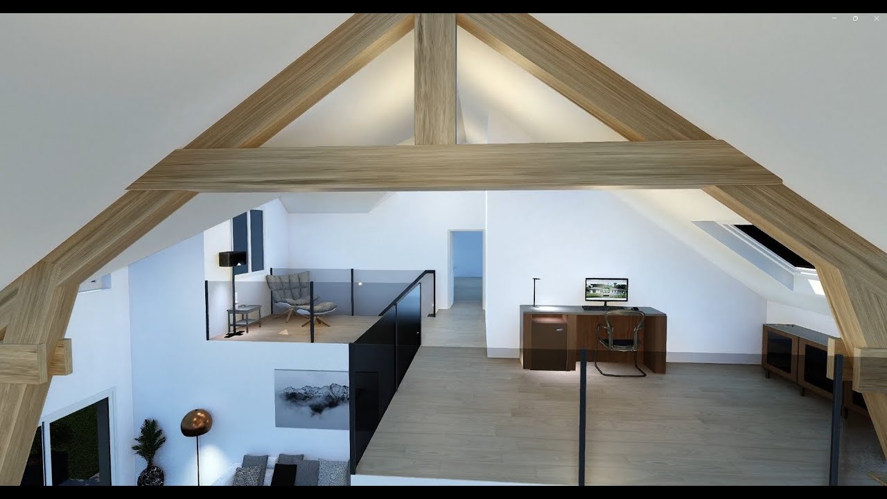 présentation d'une réalisation LDDM, vue 3D intérieure avec toit cathédral et mezzanine