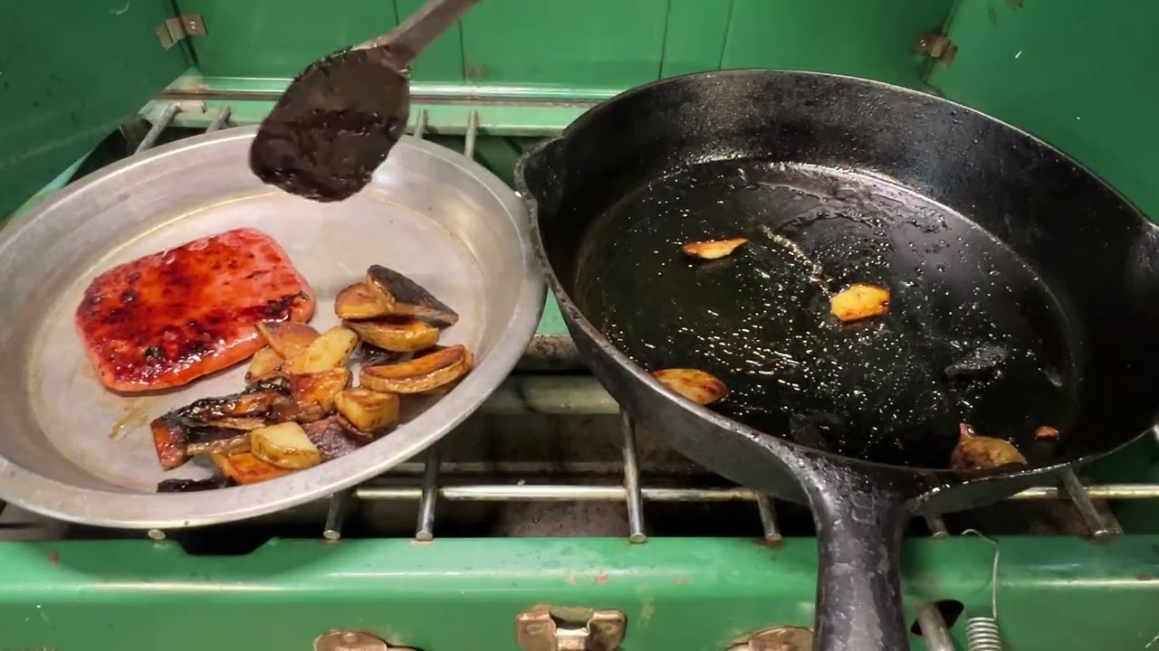 Glazed Maple Syrup Spam Breakfast with eggs and crispy taters cooked on the Coleman camp stove