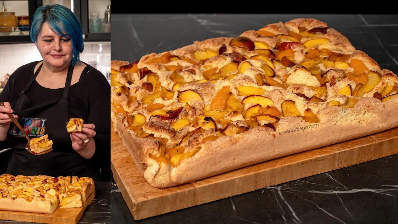 Prăjitura simplă și pufoasă cu piersici (nectarine, caise) pandișpan FĂRĂ praf de copt Savori Urbane