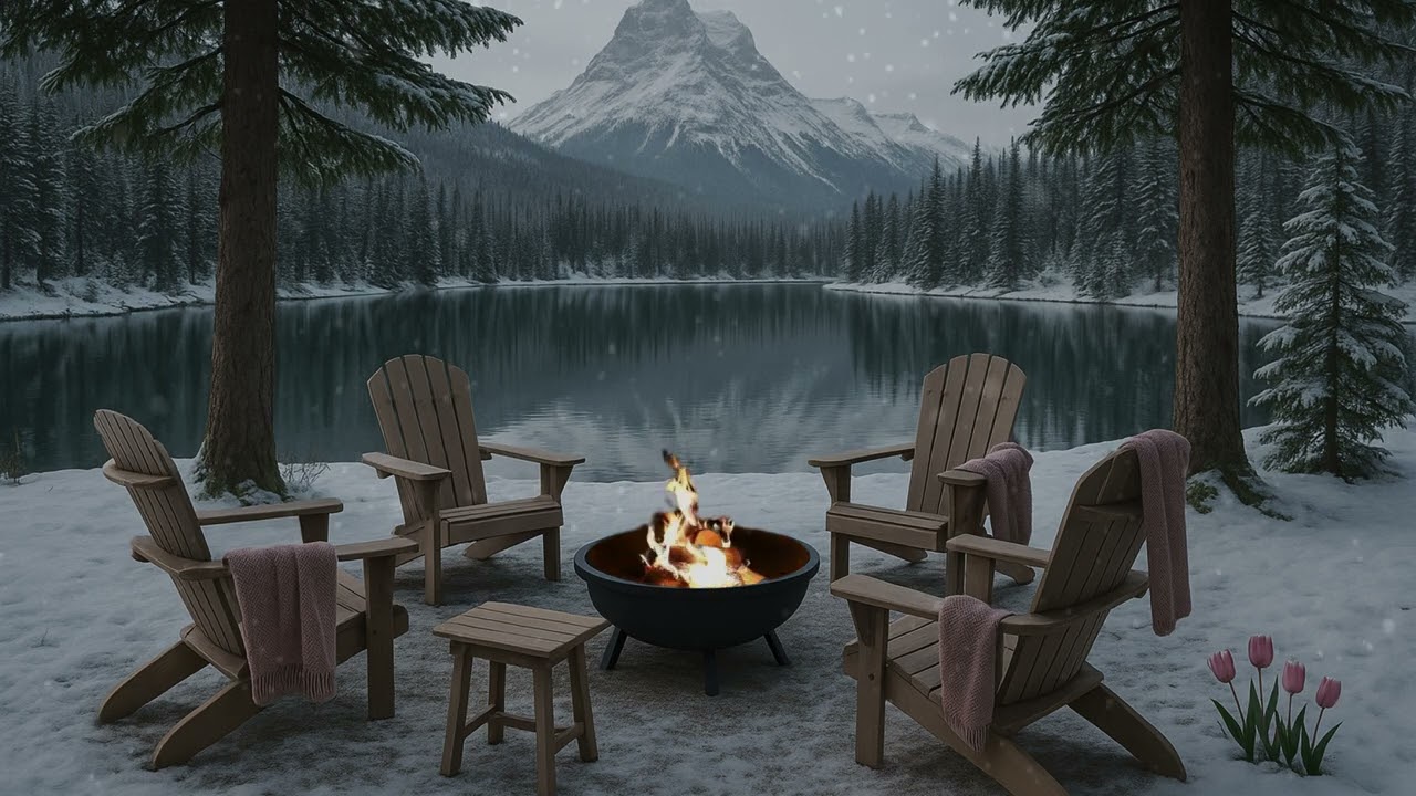Winter Lake Ambience | Cozy Firepit by the Mountains with Snow, Tulips & Gentle Winter Calm